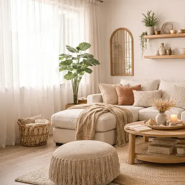 A round, textured cream knitted pouf with fringe detail sits on a layered rug, offering extra seating or a footrest in a cozy living room.