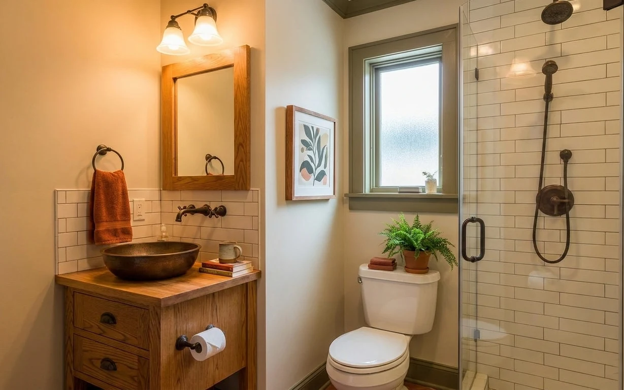 Warm off-white bathroom with honey oak vanity, framed botanical print, wood mirror, terracotta towel, and white subway tile shower