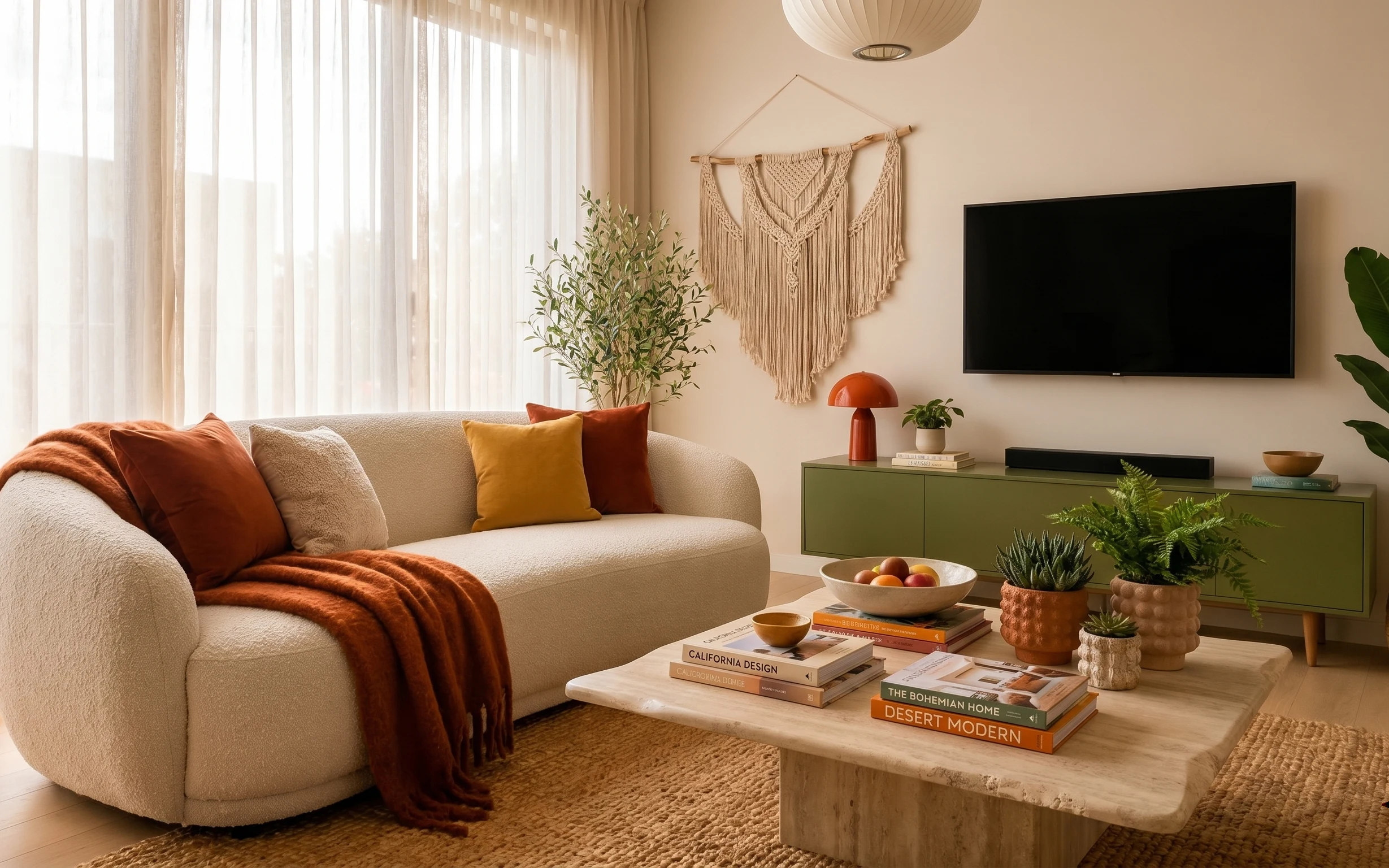 Cream sofa with rust throw and pillows beside beige curtains, orange table lamp, olive sideboard, and macrame wall hanging.