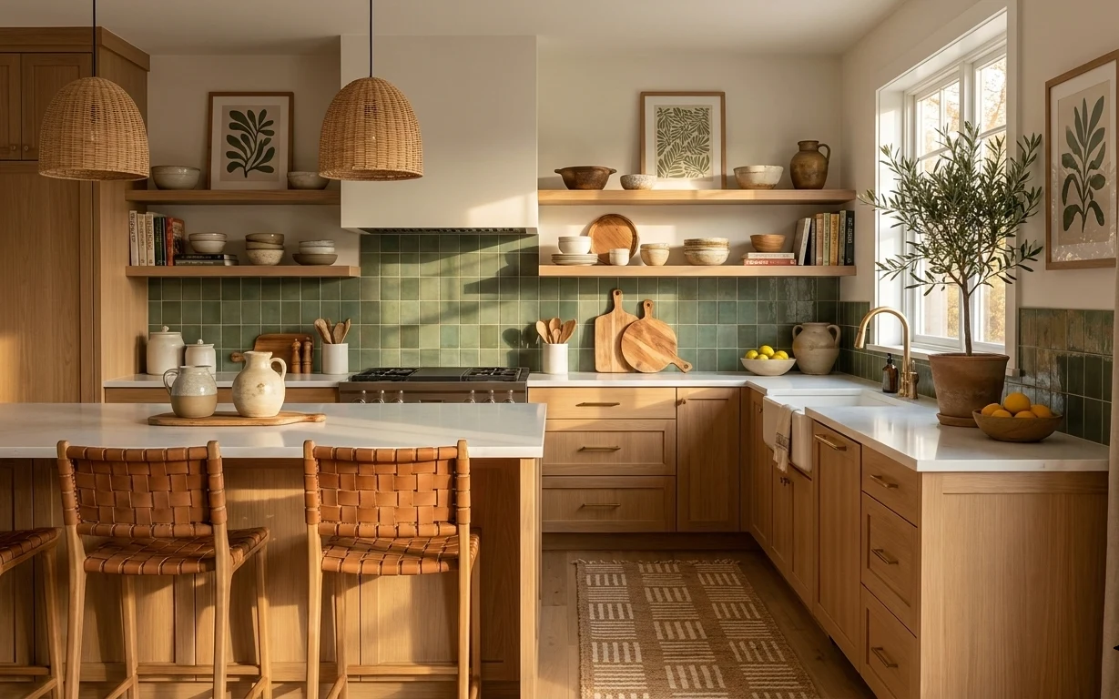 A warm-modern kitchen with sage tile, oak cabinets, woven leather barstools, rattan pendants, ceramic open shelves, and an indoor olive tree.