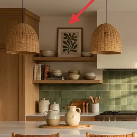 Pair of rattan dome pendant lights over the island