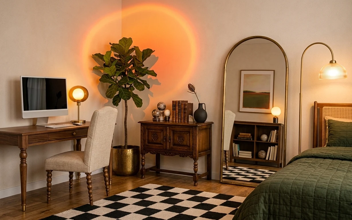 Warm bedroom nook with brass arched mirror, wood console, desk chair, checkered rug, and green quilt