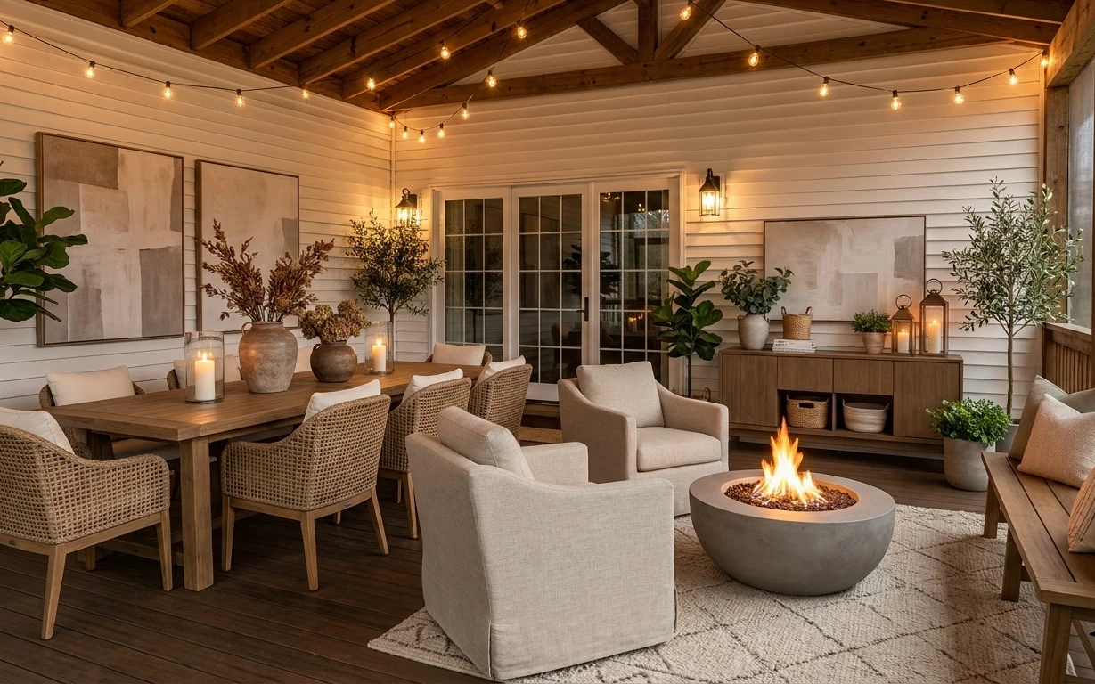 Patio living area with shiplap wall, framed abstract art, sofa seating, string lights, a wood dining table, candles, plants, and a fire pit bowl