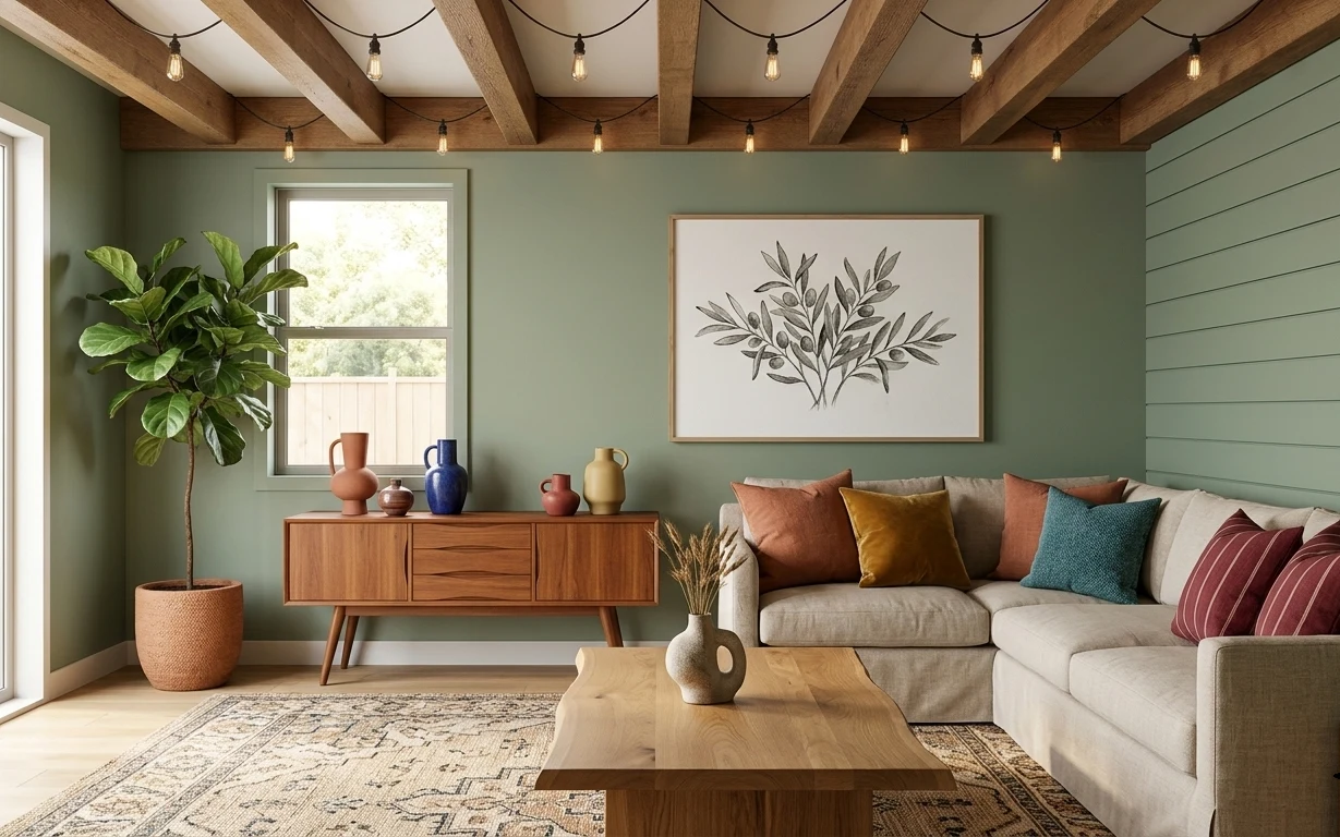 Living room with gray sofa, sage green wall, patterned rug, framed botanical art, and warm wood sideboard and coffee table