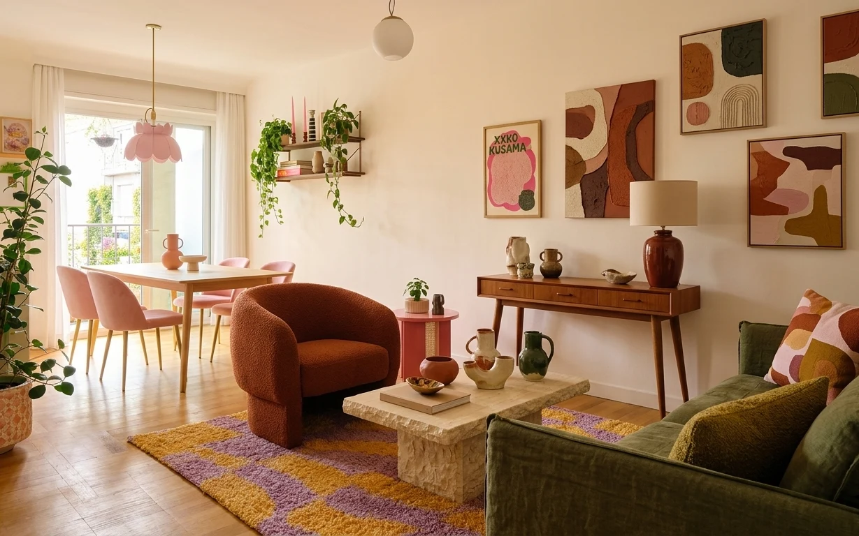 Warm living room with olive sofa, patterned rug, walnut sideboard, terracotta plant, and pink pendant light
