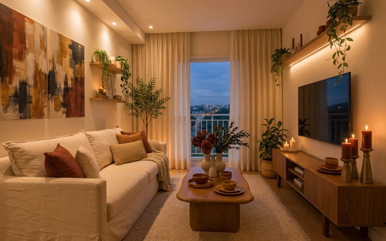 Warm living room with cream curtains, abstract wall art, mirror over wood console, candles, and indoor tree