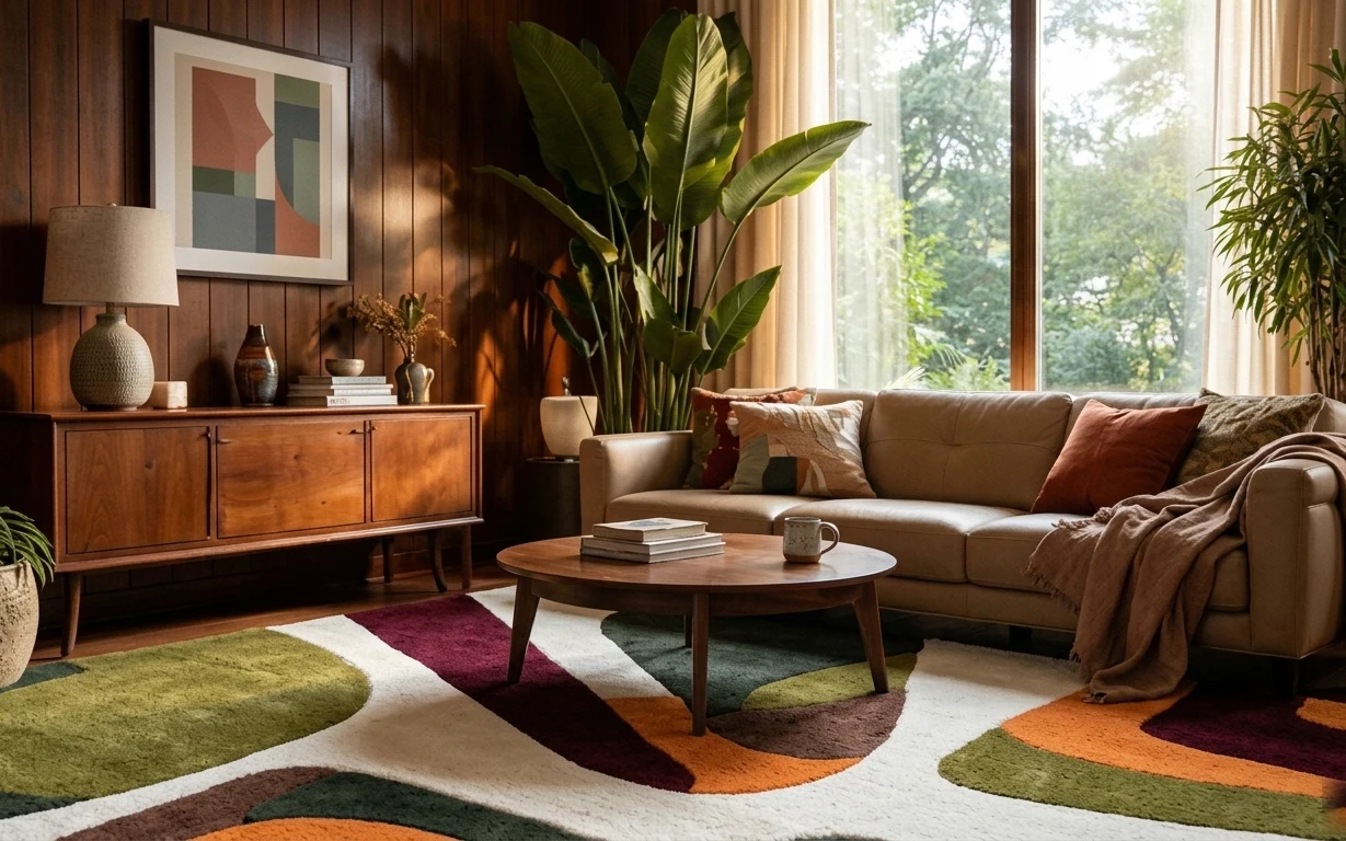 Warm living room with beige sofa, multicolor area rug, wood console, framed abstract art, and large leafy potted plant by window