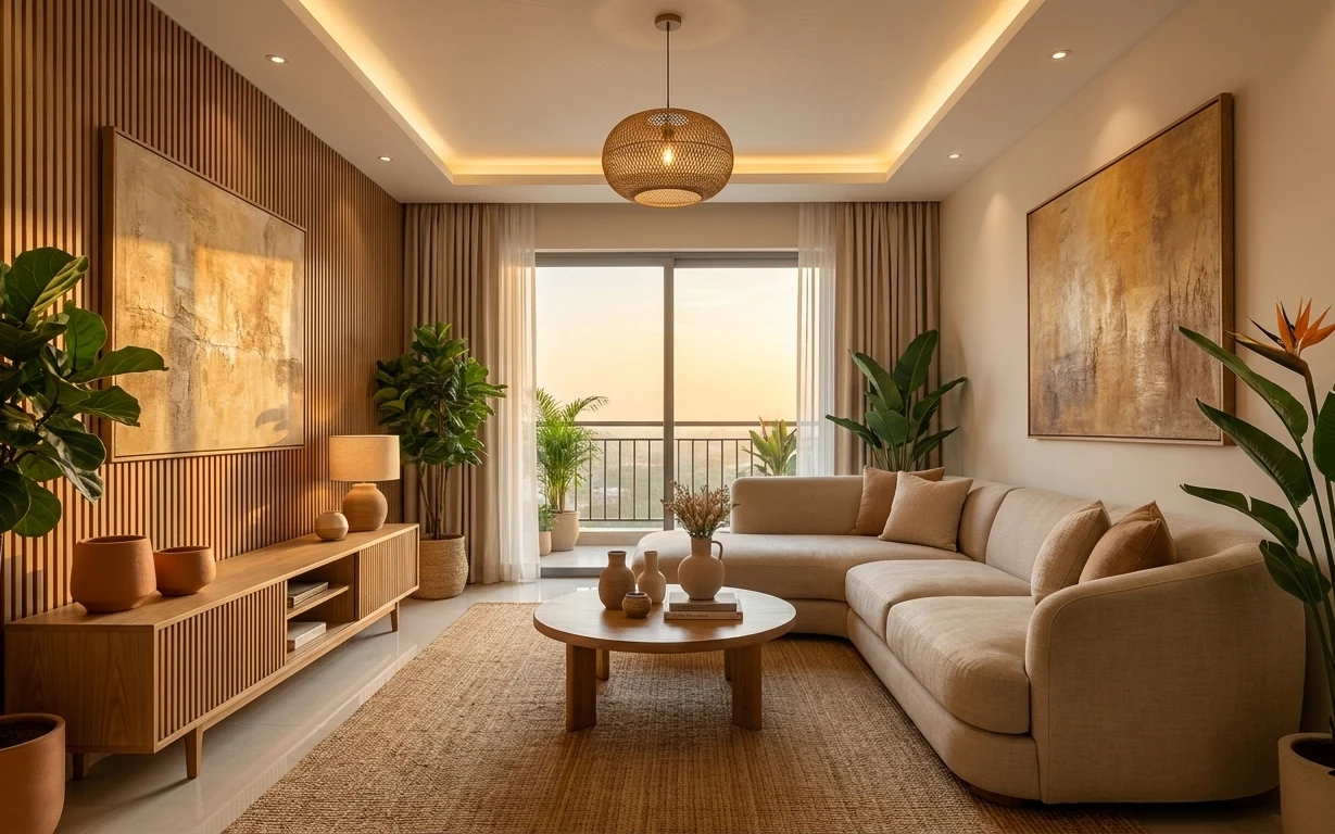 Warm modern living room with beige sectional sofa, jute rug, round wooden coffee table, beige curtains, framed abstract art, and rattan ceiling light