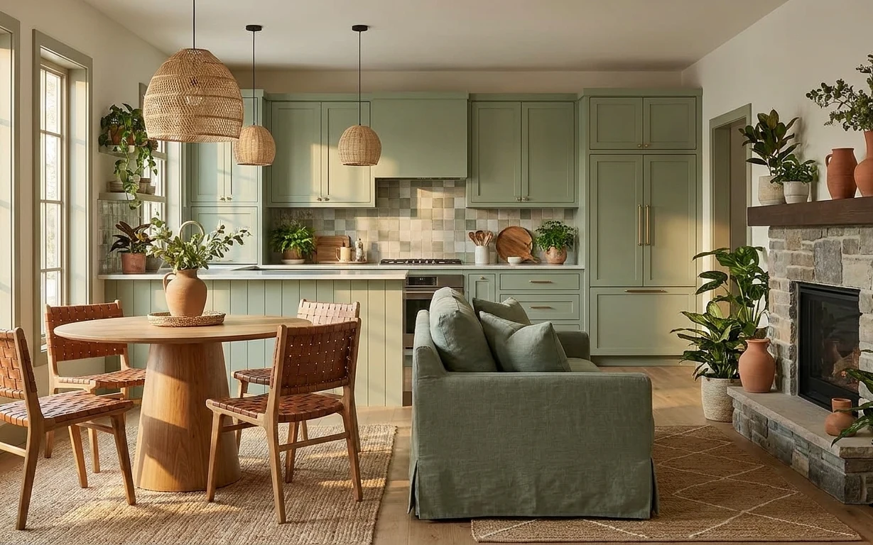 Bright living room dining area with sage kitchen cabinets, green sofa, warm area rug, and terracotta potted plants