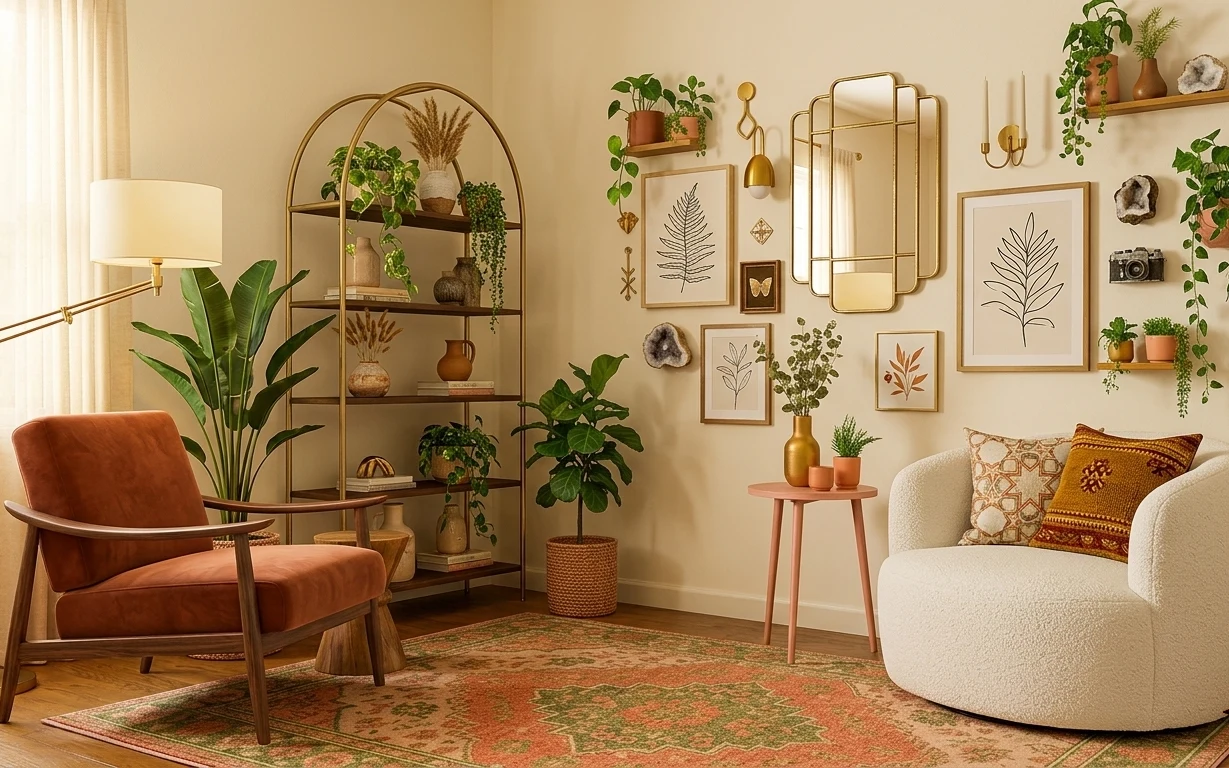 Plant-filled living room seating nook with terracotta area rug, gold lighting, arched shelf, and botanical framed prints