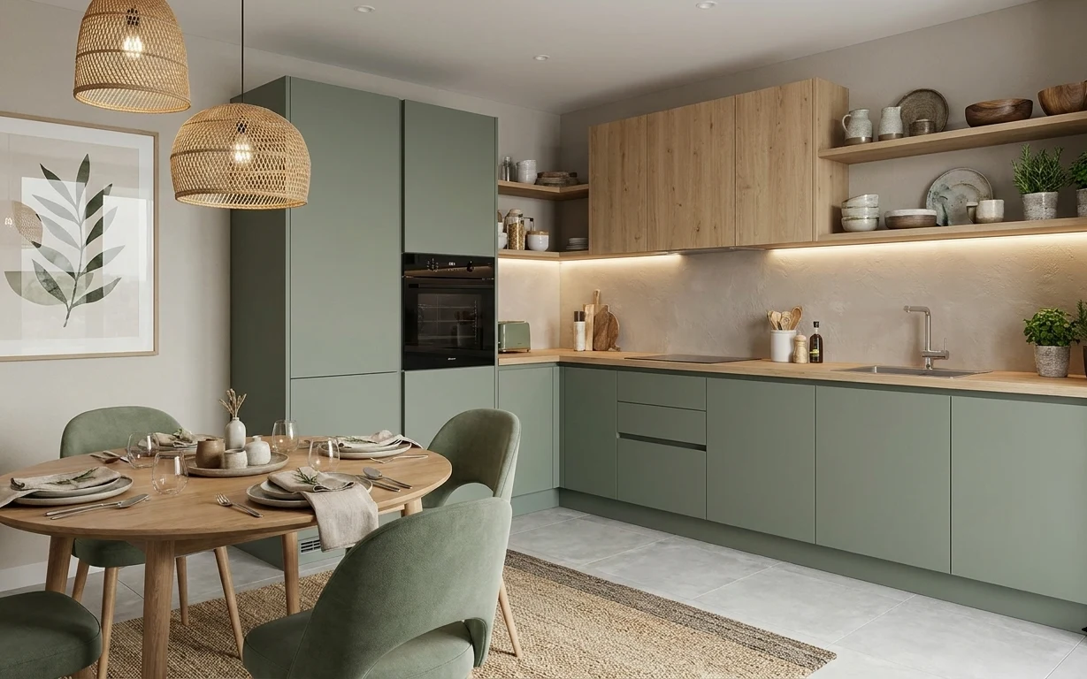 Kitchen dining zone with sage cabinets, light wood countertop, framed botanical print, jute-look rug, and woven pendant lights