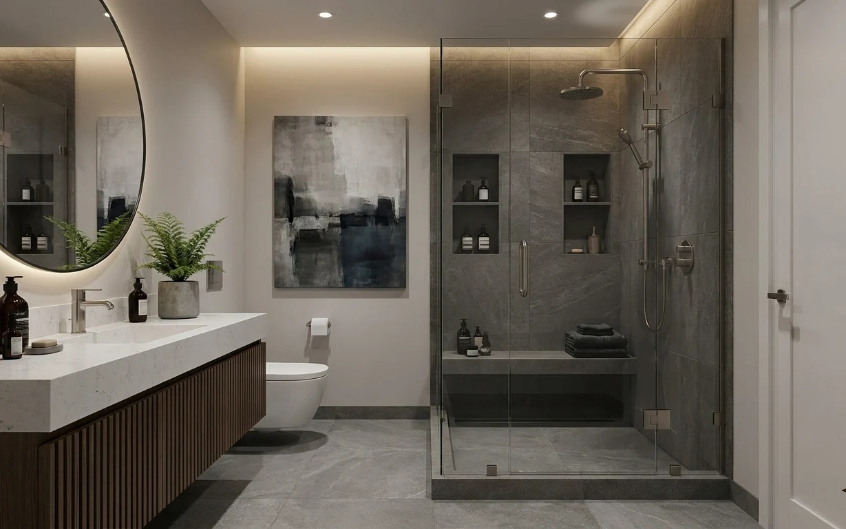 Modern bathroom with round mirror, framed abstract art, gray tile, and folded towels in a shower niche