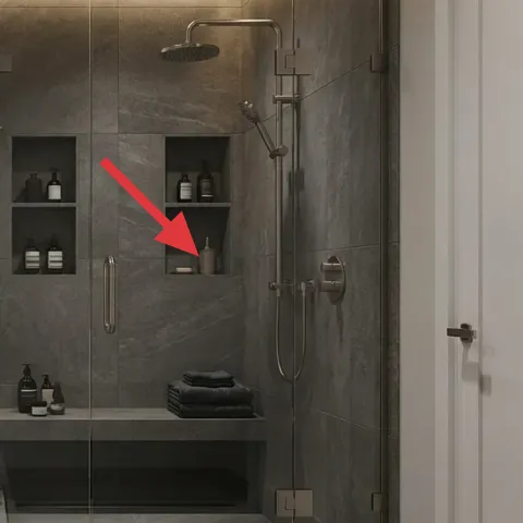 toiletry bottles on shower niche shelves