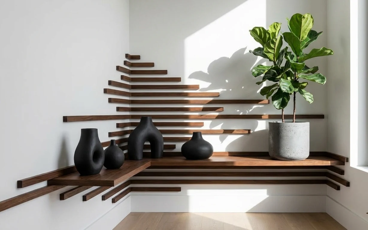 Warm walnut slat wall shelf with matte black vases, concrete planter pot, and a green indoor plant by a window