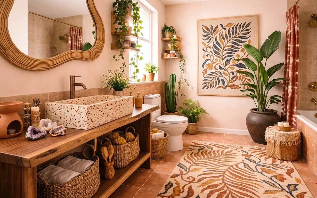 Terracotta-tiled bathroom with rattan mirror, patterned rug, rust shower curtain, vanity shelves, and potted snake plant
