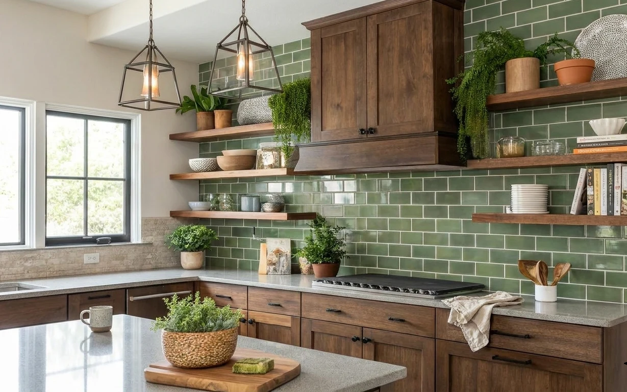 Green glass tile backsplash with wood shelves styled with plants, glass jars, books, and a folded linen towel on the kitchen counter.