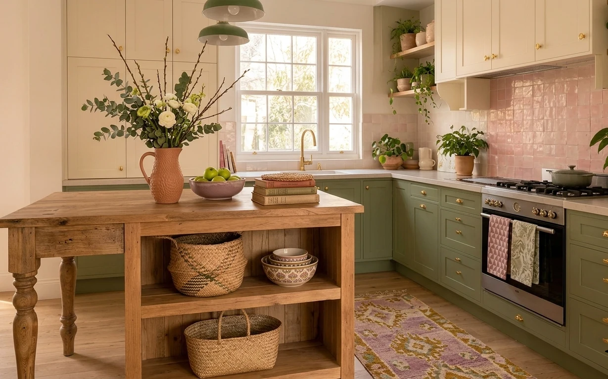 Kitchen with green cabinets, patterned rug, wood table centerpiece, terracotta bouquet pitcher, and potted plants by a bright window
