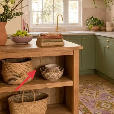 Woven storage basket on lower shelf