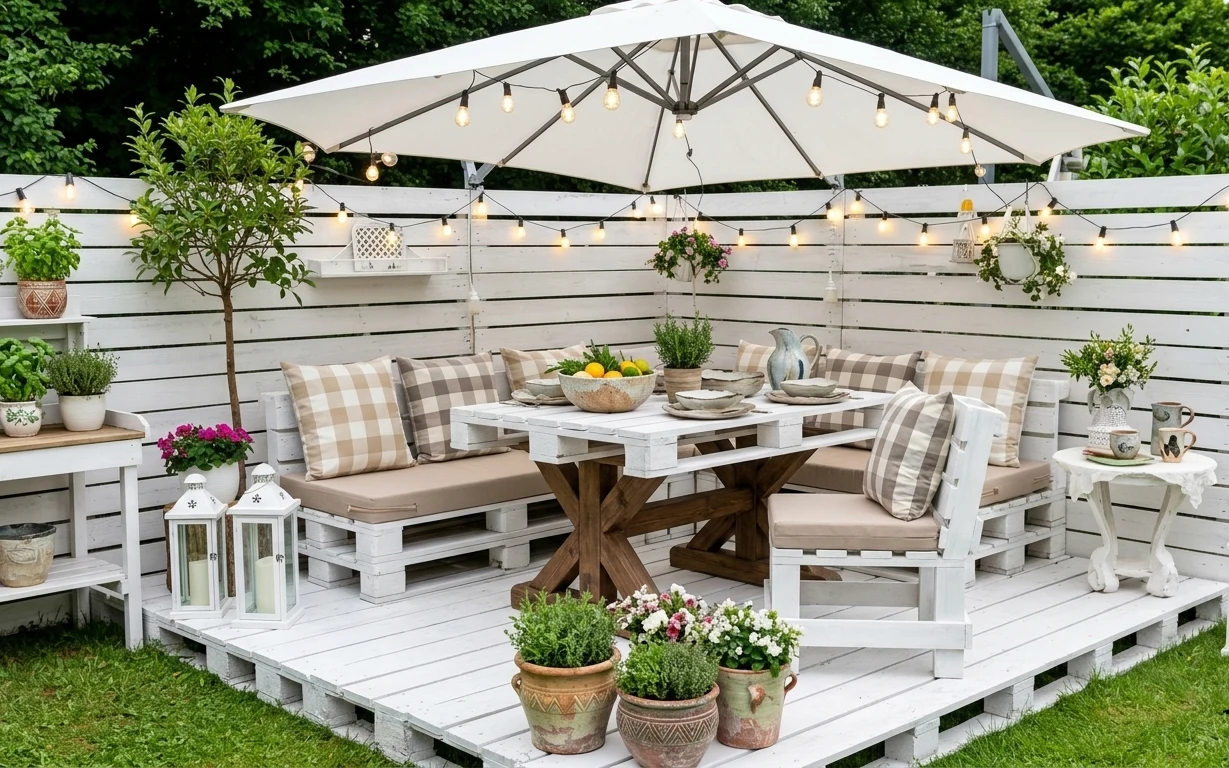 Pallet outdoor seating nook with plaid cushions, warm string lights, terracotta planters, and a wood table