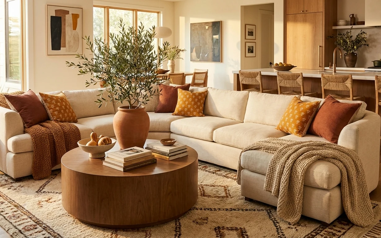 Cream sofa with pillows, patterned rug, round wood coffee table, olive tree, framed abstracts, and a warm off-white floor lamp