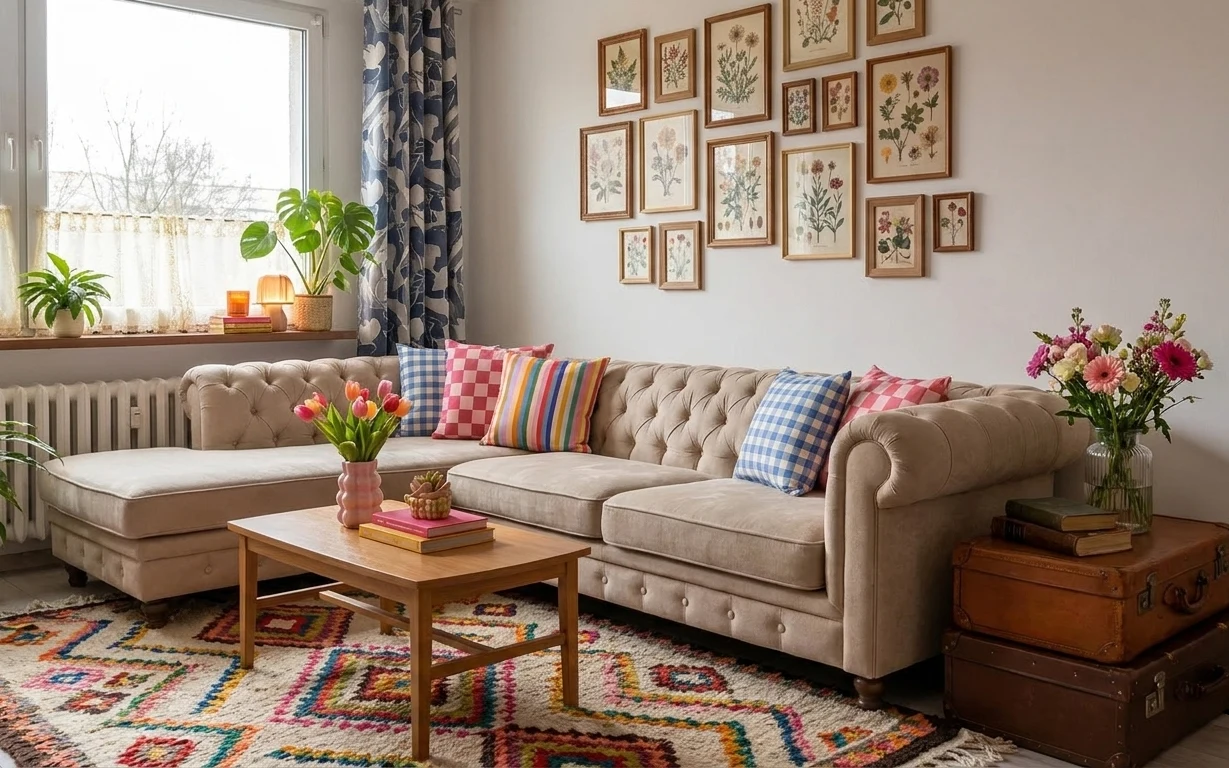 Beige tufted sofa in a bright living room with a patterned rug, blue curtains, framed botanical prints, and pink flowers in a vase.