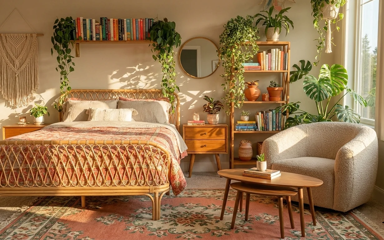 A boho bedroom with a rattan bed, faded rust kantha quilt, macramé wall hanging, floating shelf of books, and trailing pothos plants over a vintage geometric rug.