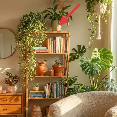 Ceramic-potted pothos on top of the bookcase