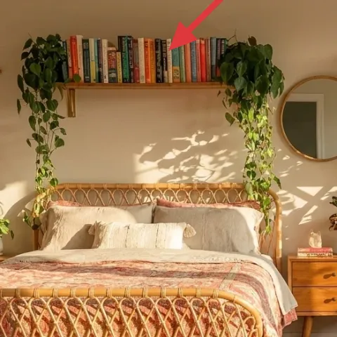 Floating wood shelf with thrifted books