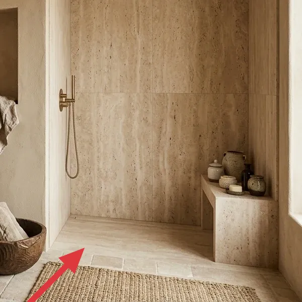 Close-up of a braided jute area rug on a tiled bathroom floor, adding natural texture and warmth.