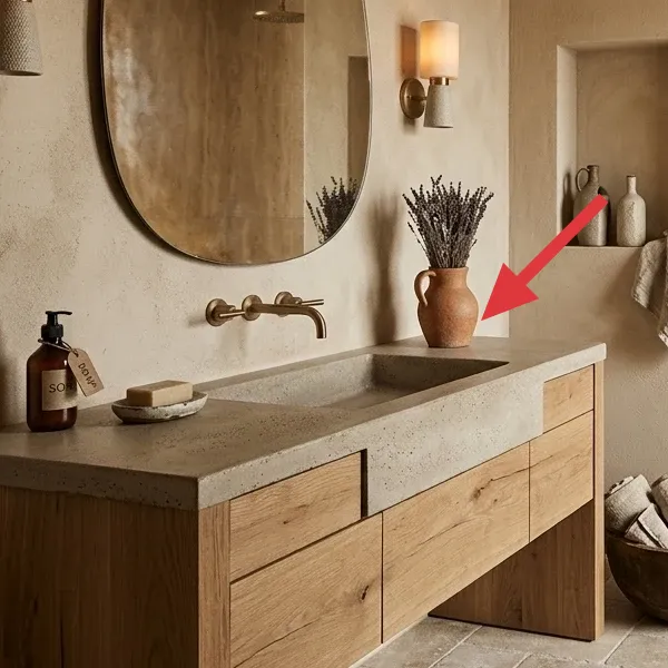 Styled bathroom vanity top with an amber soap dispenser, ceramic soap dish, and a terracotta vase holding faux lavender.