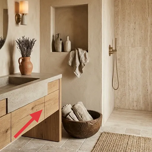 A large, carved wooden bowl filled with neatly rolled light-colored hand towels, placed on the bathroom floor.