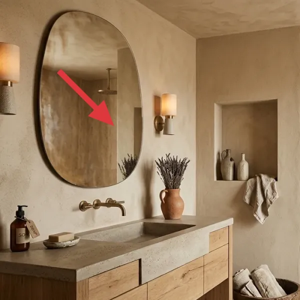 A large, oval-shaped mirror with an irregular edge reflecting the bathroom interior, mounted above a vanity.