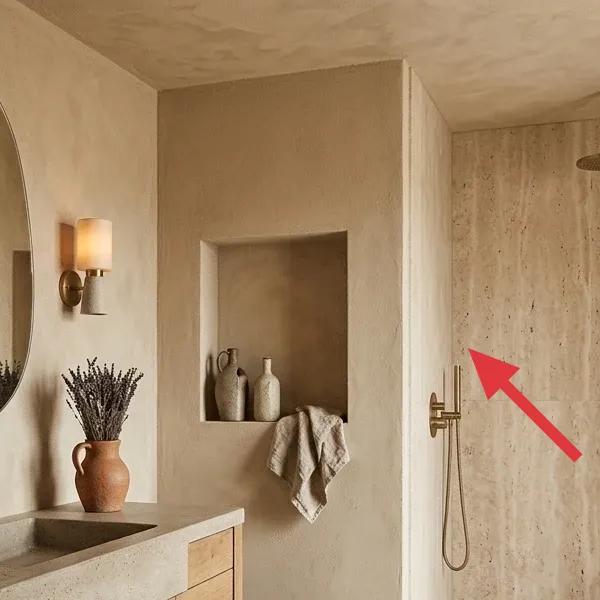 A built-in wall niche displaying two rustic ceramic vessels and a draped linen cloth, enhancing the natural aesthetic.