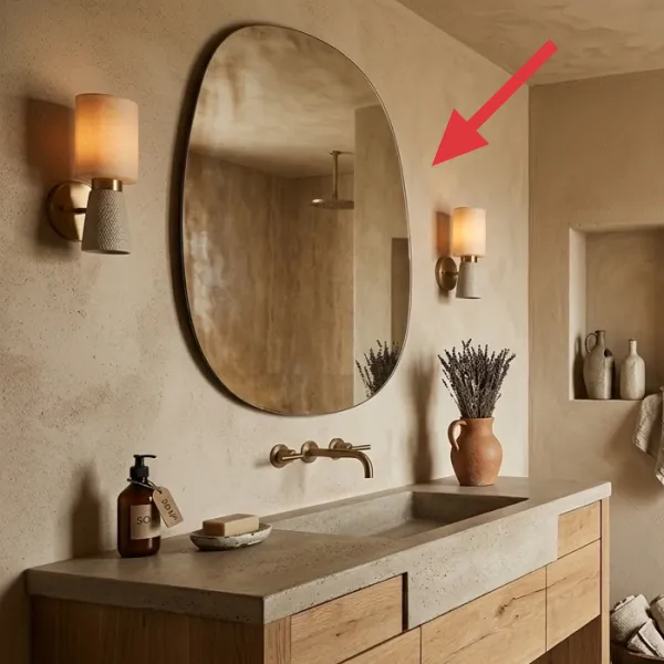 Close-up of the bathroom wall with a textured, plaster-like finish in a warm, neutral tone, mimicking natural materials.