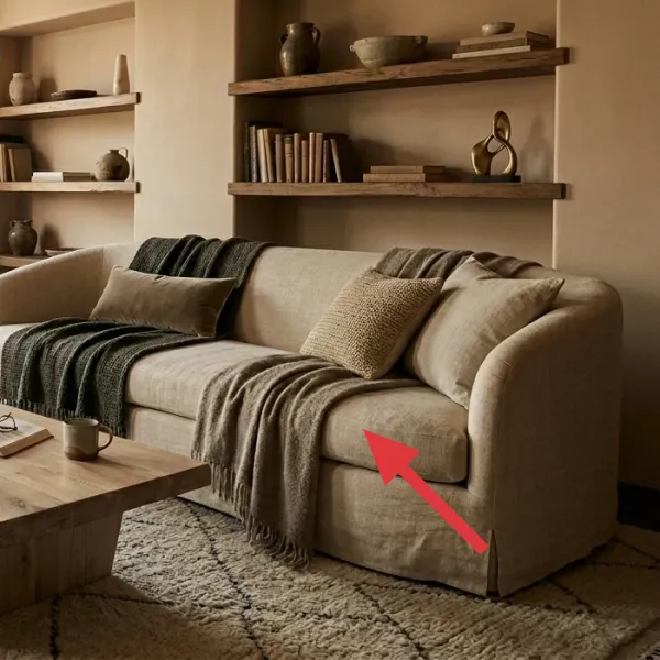 Close-up of a cozy beige sofa with layered throws and accent pillows, showcasing textures and a warm color palette.