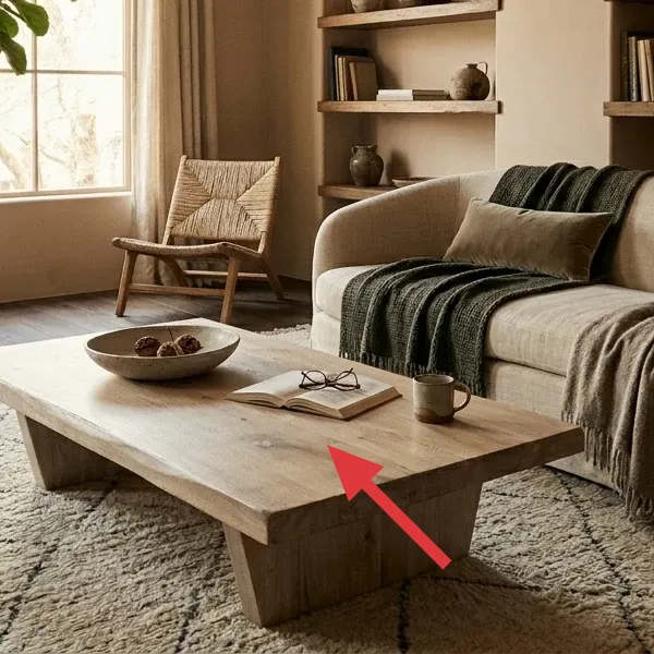 A light wood coffee table styled with a decorative ceramic bowl containing nuts, an open book, and a ceramic mug.