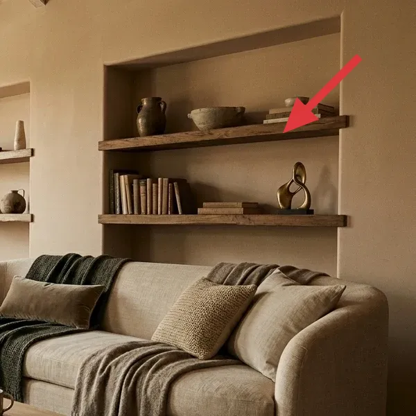 Styled wall shelves with various decorative objects including books, a ceramic vase, and an abstract golden sculpture.