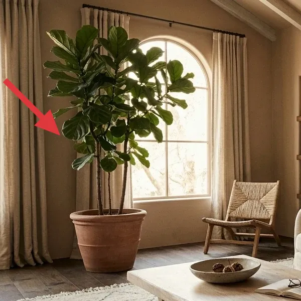 A tall, vibrant fiddle leaf fig plant in a terracotta-colored pot, positioned near an arched window, adding greenery to the room.
