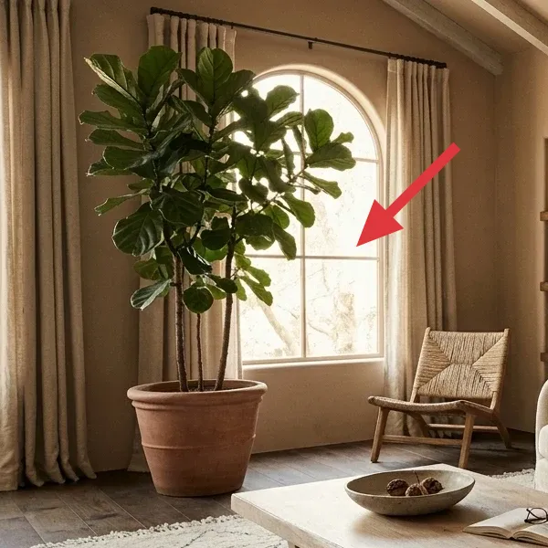 An arched window draped with light, neutral-toned linen-blend curtains, allowing soft natural light to enter the room.