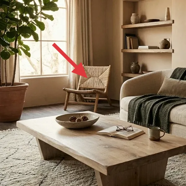 A lightweight, woven accent chair with a natural wood frame, offering additional seating and organic texture.
