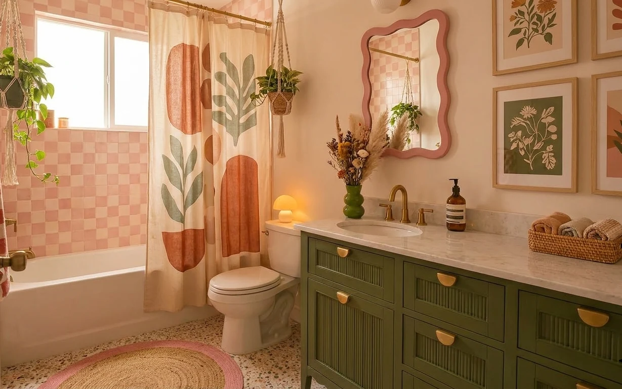 Boho bathroom with patterned shower curtain, wood-framed mirror, small candle glow, framed prints, and a macramé hanging plant