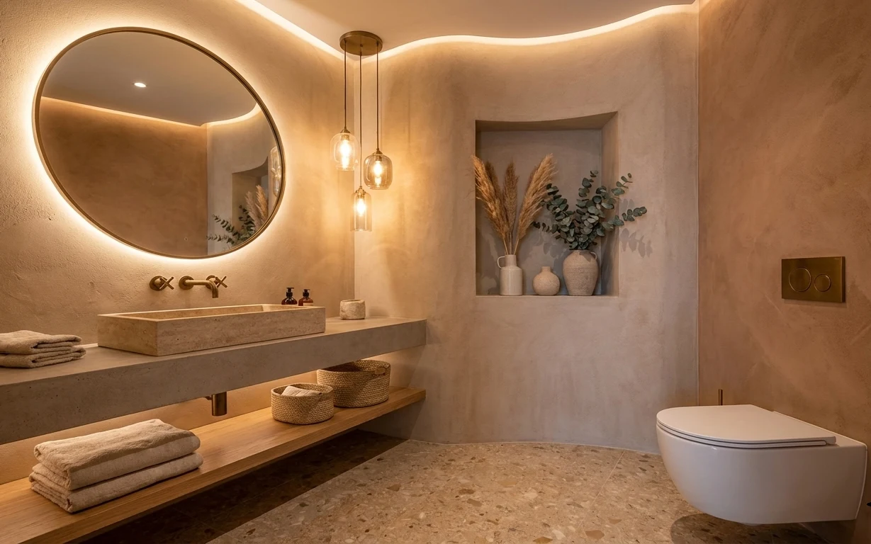 Spa bathroom with round mirror, concrete vanity, framed botanical niche, woven basket, folded beige towels, and warm glow lights