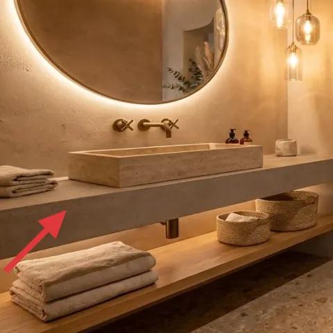 folded beige towels on wooden shelf