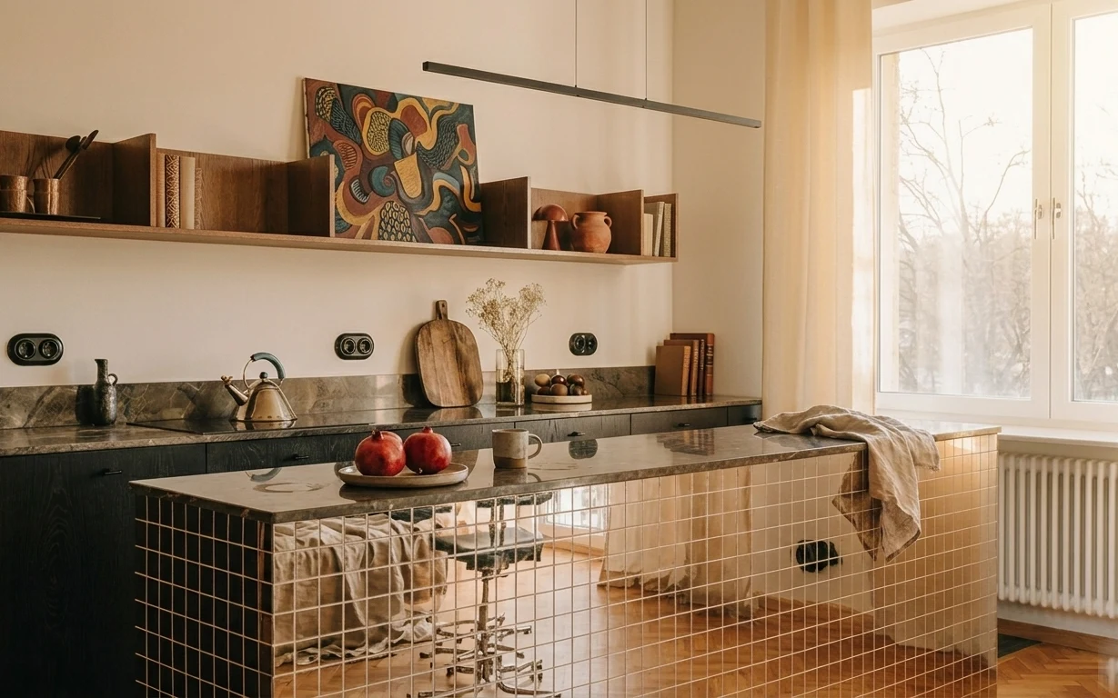 Warm modern kitchen island with black countertop, copper kettle, fruit bowl, vase with dried branches, and framed abstract art on shelves