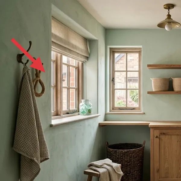 Textured pale green peel-and-stick wallpaper on a utility room wall