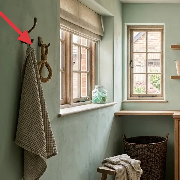 Brass command hooks holding a natural waffle-weave hand towel and decorative rope