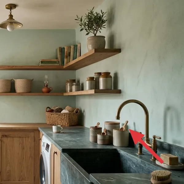 Curated display of vintage books, small woven baskets, and ceramic jars on open wooden shelves