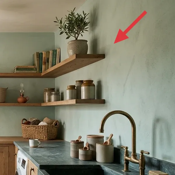 Small olive tree in a DIY aged terracotta pot on a wooden shelf
