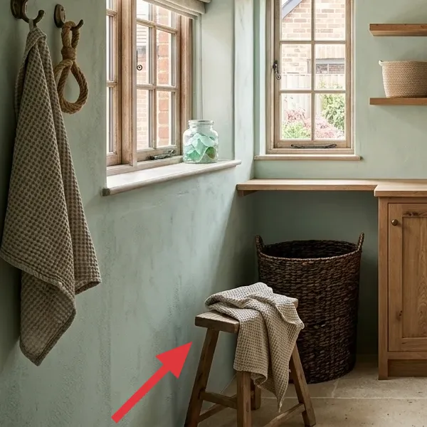 Small wooden freestanding stool with a draped waffle-weave towel next to a laundry basket