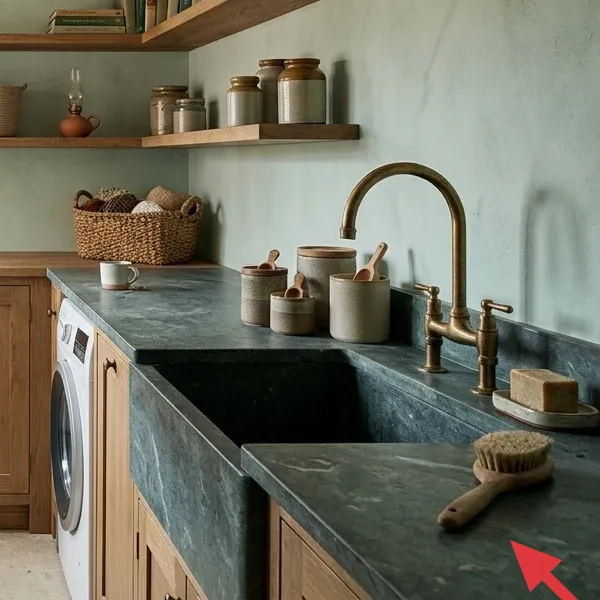 Assortment of ceramic containers, a soap dish, and a scrubbing brush by a stone utility sink